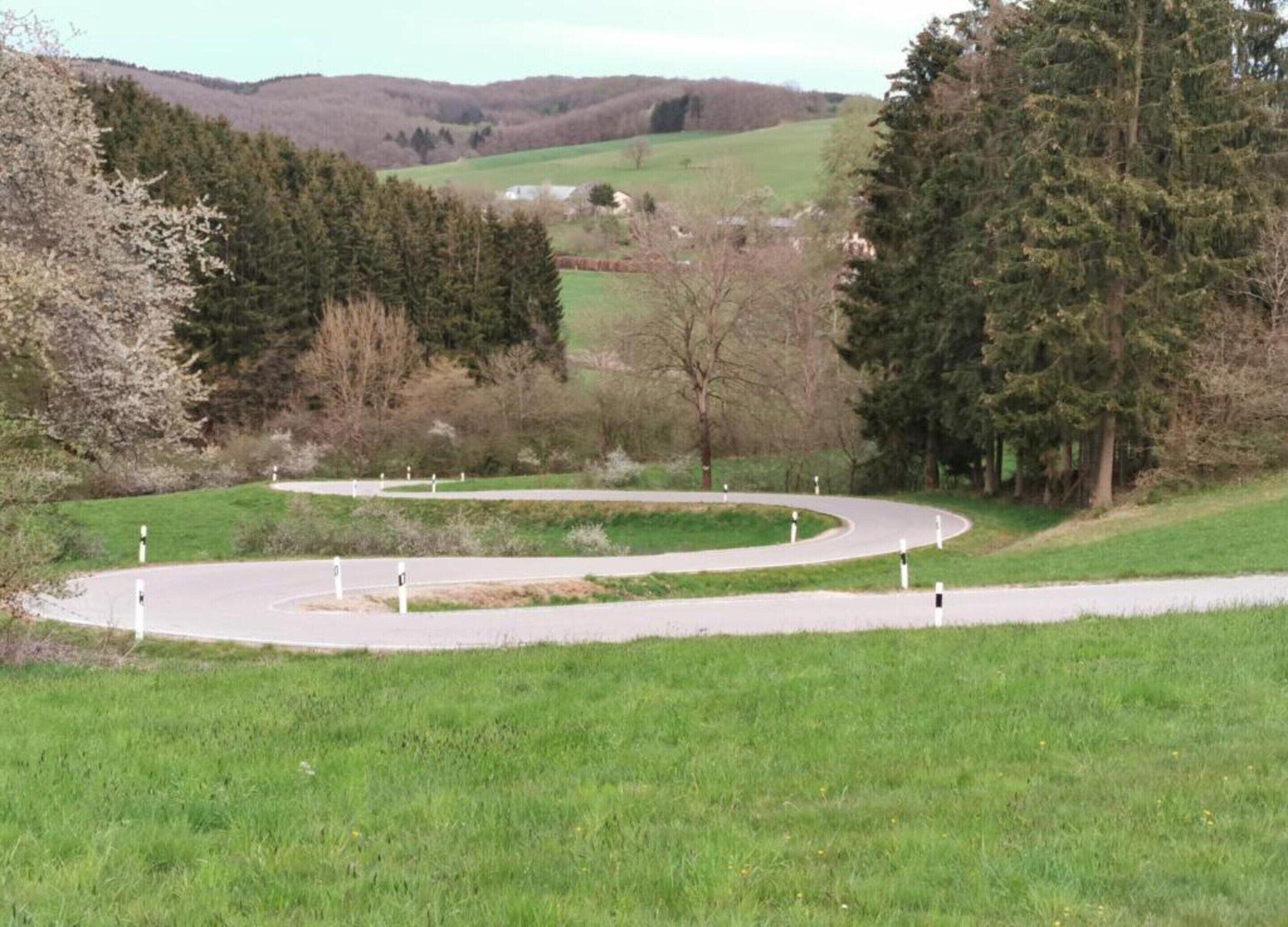 A winding road in a rural area with grassy fields and trees.