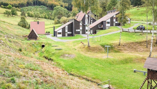 Un paysage rural avec une rangée de maisons en bois, une petite grange et une voiture garée au bord de la route.