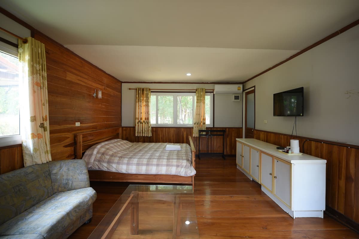 Ein Schlafzimmer mit Bett, einer Couch, einem Fernseher und einer Küchenzeile.
