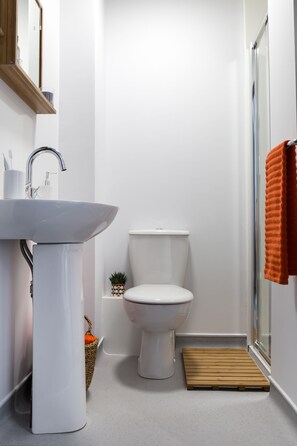 Chambre double | Salle de bain | Serviettes fournies, savon, shampooing, papier de toilette