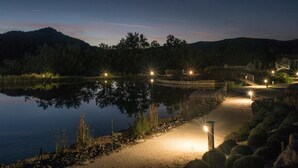 Une vue nocturne d’un lac, avec un sentier et des lampadaires le long de la rive.