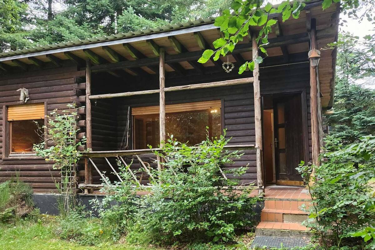Une cabane rustique en rondins de bois, dotée d’une véranda, de poutres apparentes et d’un petit jardin.