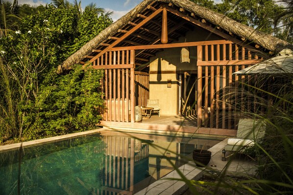 Un espace aménagé au bord de la piscine, avec une structure à toit de chaume, une piscine à eau claire et une végétation luxuriante tout autour.