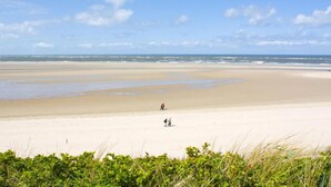 Ein weiter Sandstrand mit blauem Himmel und einigen Spaziergängern.