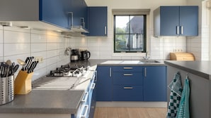 A modern kitchen with blue cabinets, a stainless steel sink, and a window with a view of the outside. - Holiday Home in Park in Twente (Hoge Hexel)