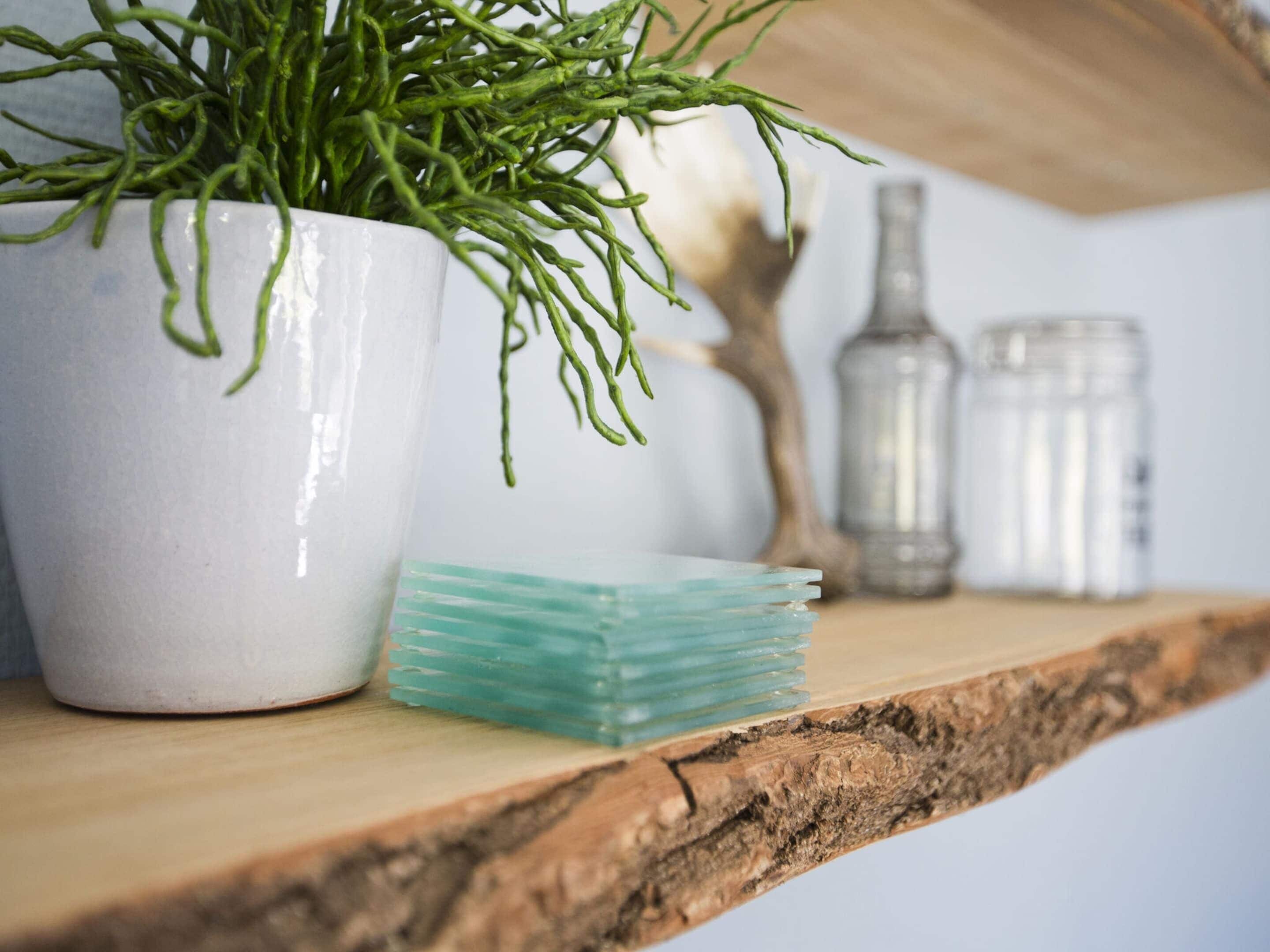A white ceramic pot with green plants on a wooden shelf.