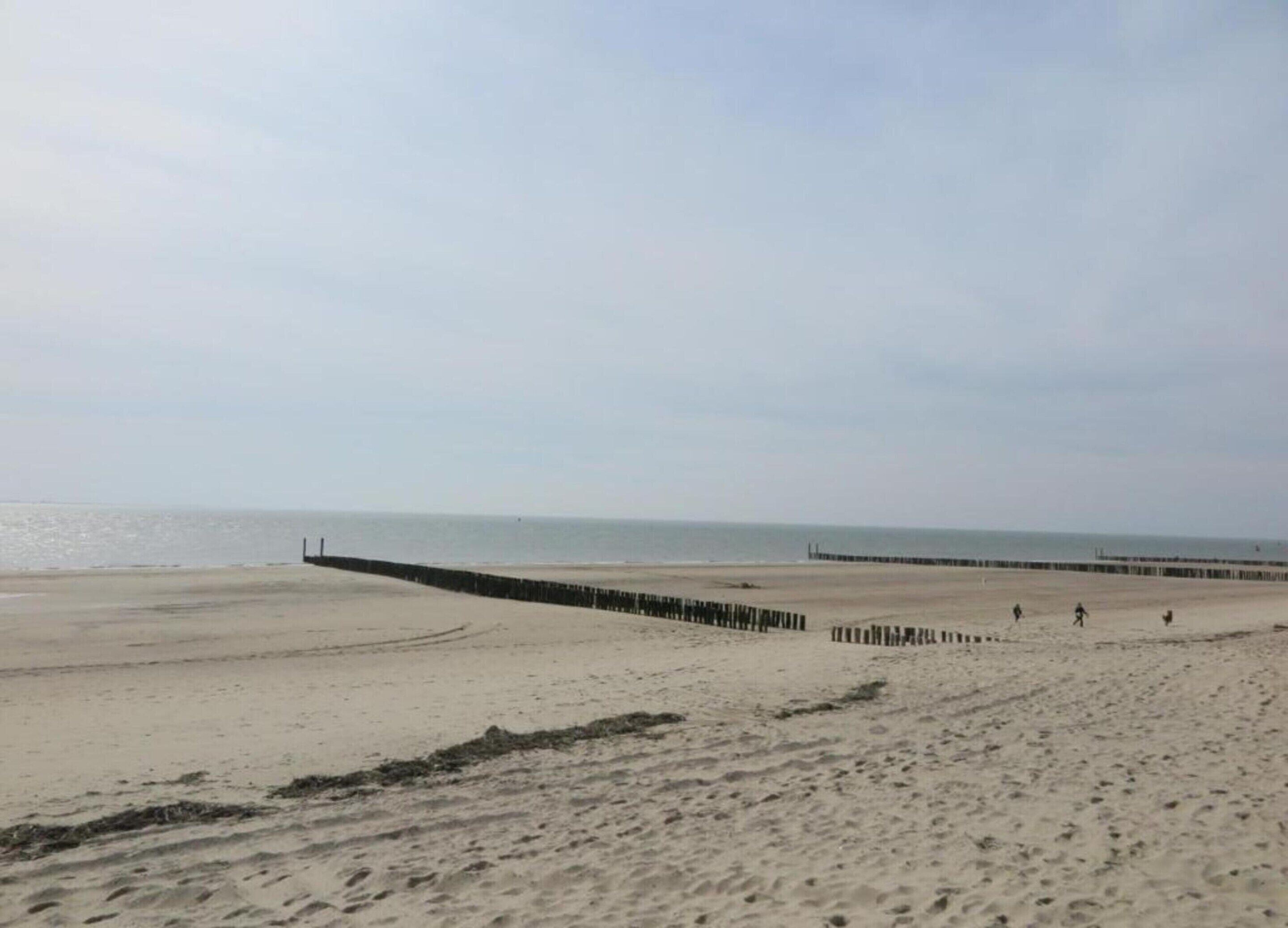 A wide sandy beach with a wooden jetty extending into the water.