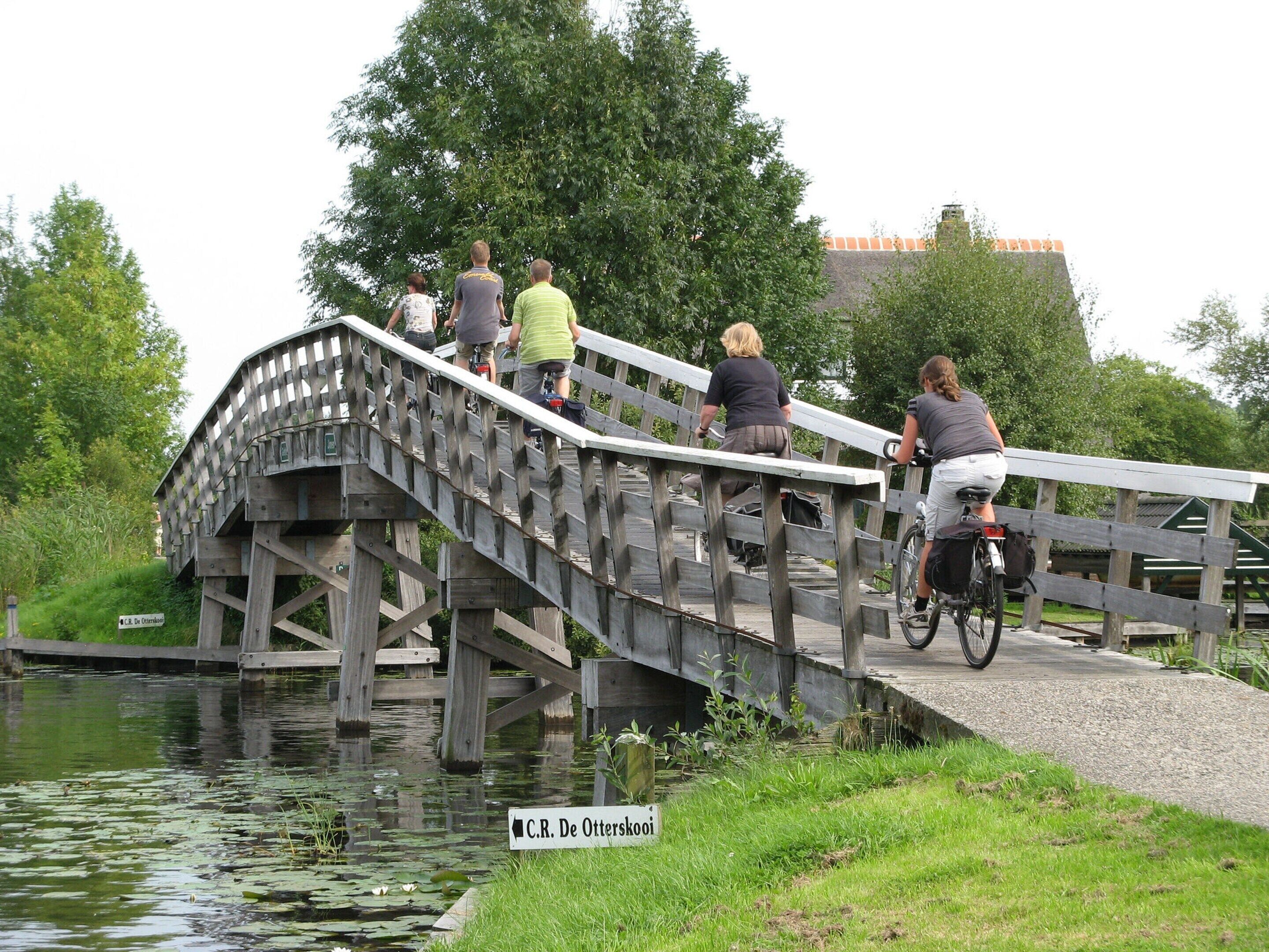Een houten brug over een rustige rivier, waar mensen lopen en fietsen.