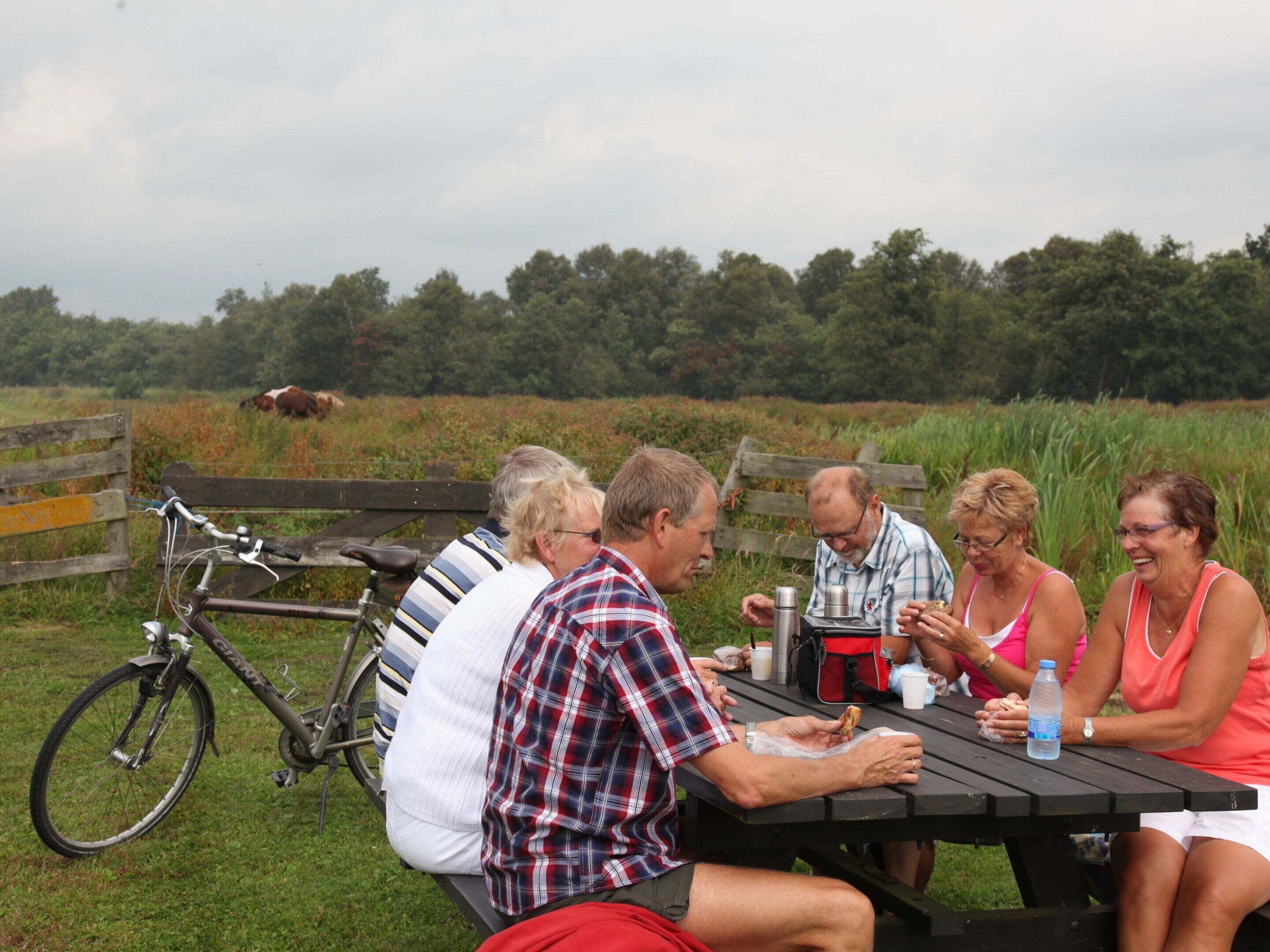 A group of people sitting at a picnic table outdoors with a bicycle parked nearby.