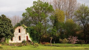 Een oud stenen gebouw met rondbogen, omgeven door weelderige begroeiing en bomen.