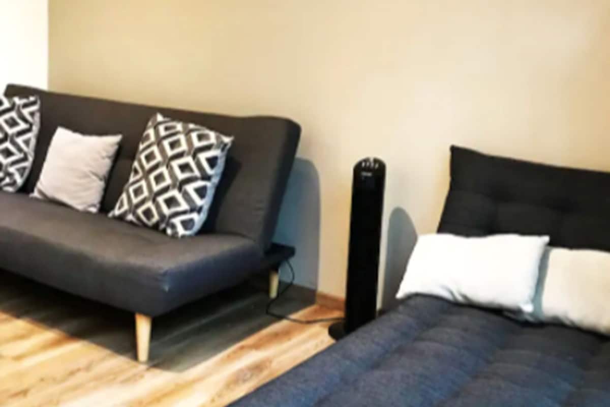 Ein Zimmer mit einem dunkelgrauen Sofa und einem Bett mit schwarzem Kopfteil.