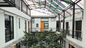 A modern interior with a central atrium, glass ceiling, and a large green plant. - noox Buenavista (Mexico City)