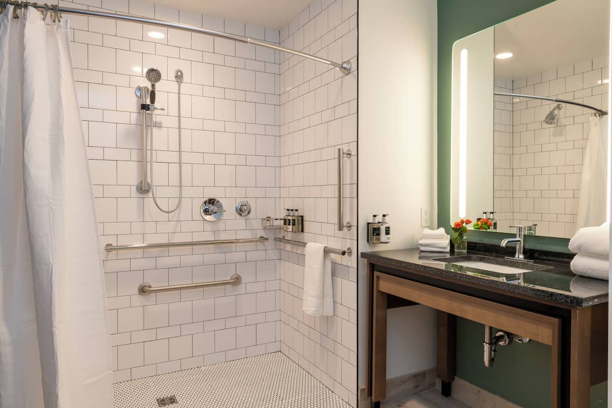 Hair dryer, towels, soap, shampoo