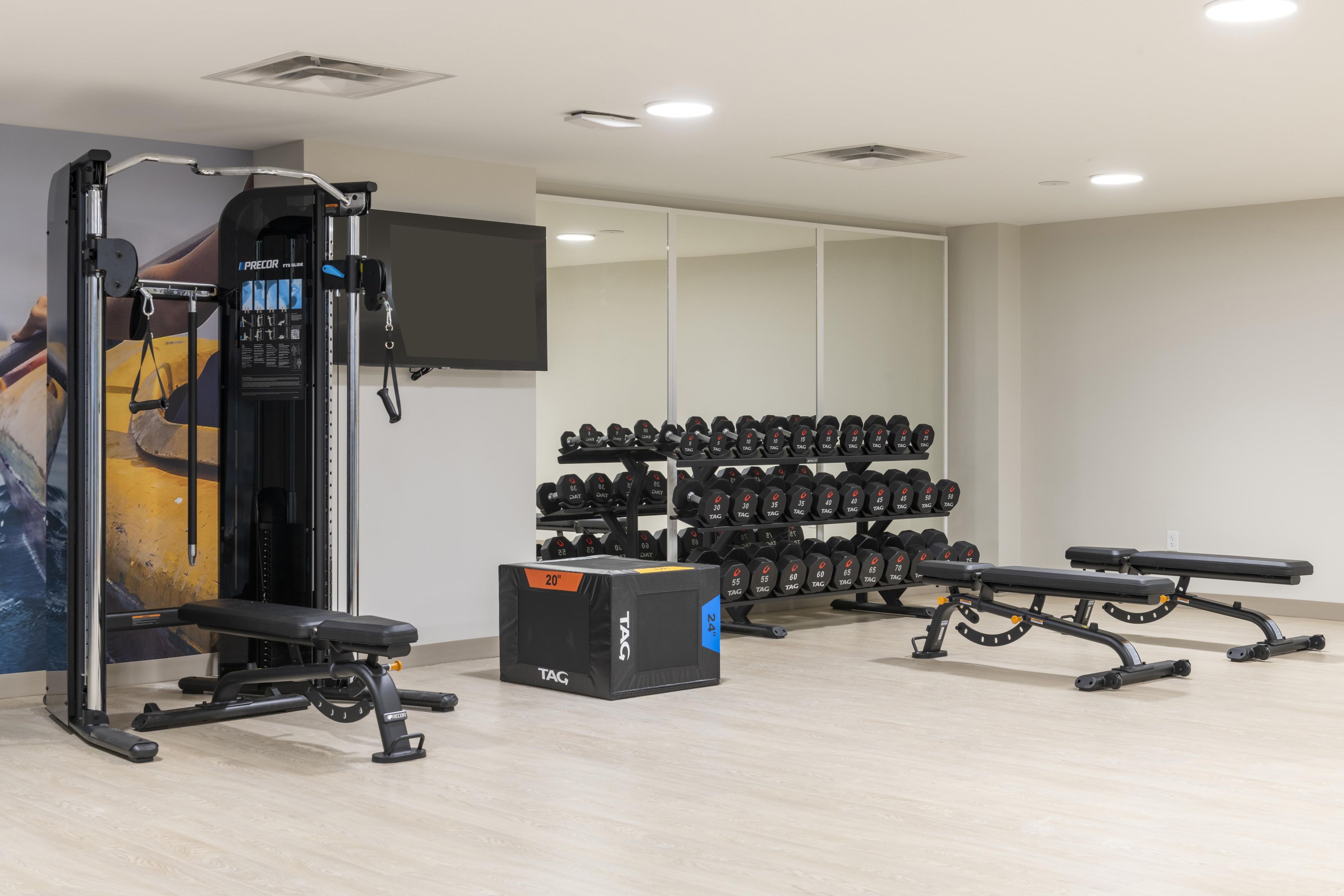 A gym with weightlifting equipment, a bench, and a rack of dumbbells.