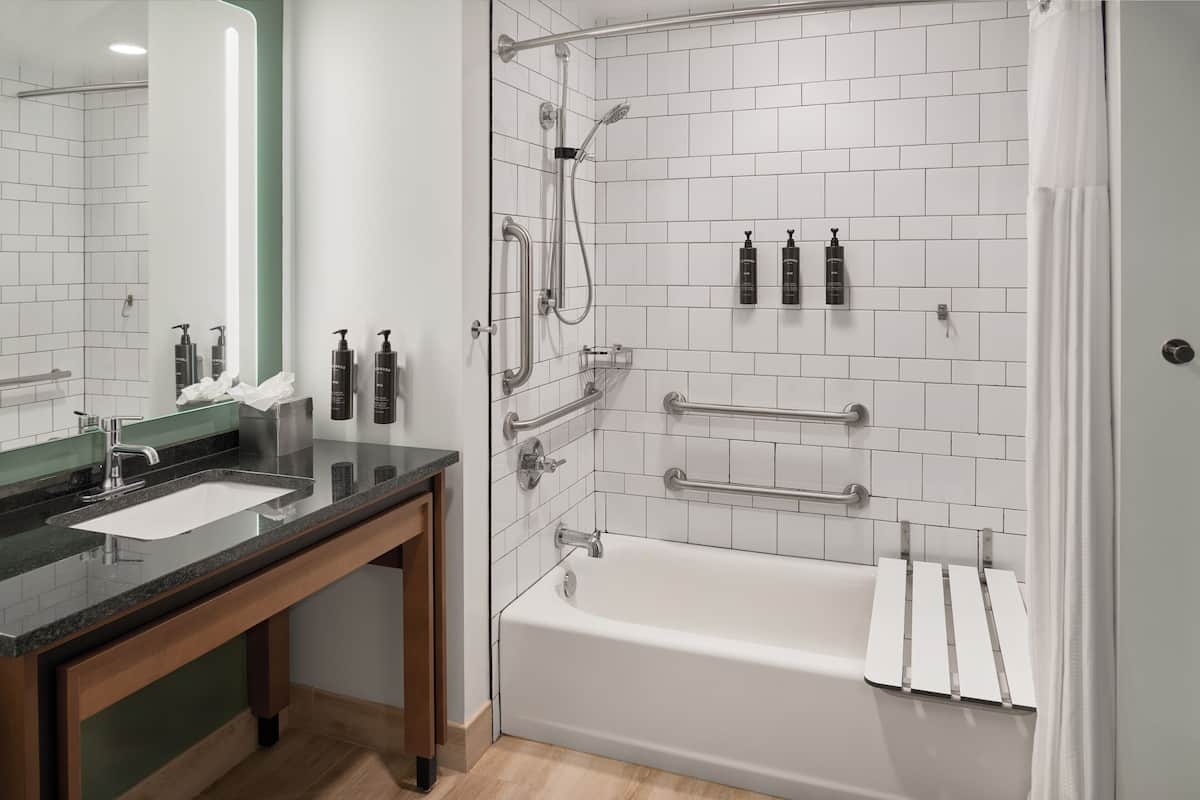 Hair dryer, towels, soap, shampoo