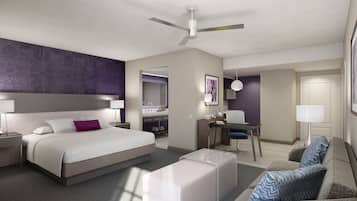 Desk, laptop workspace, blackout drapes, soundproofing