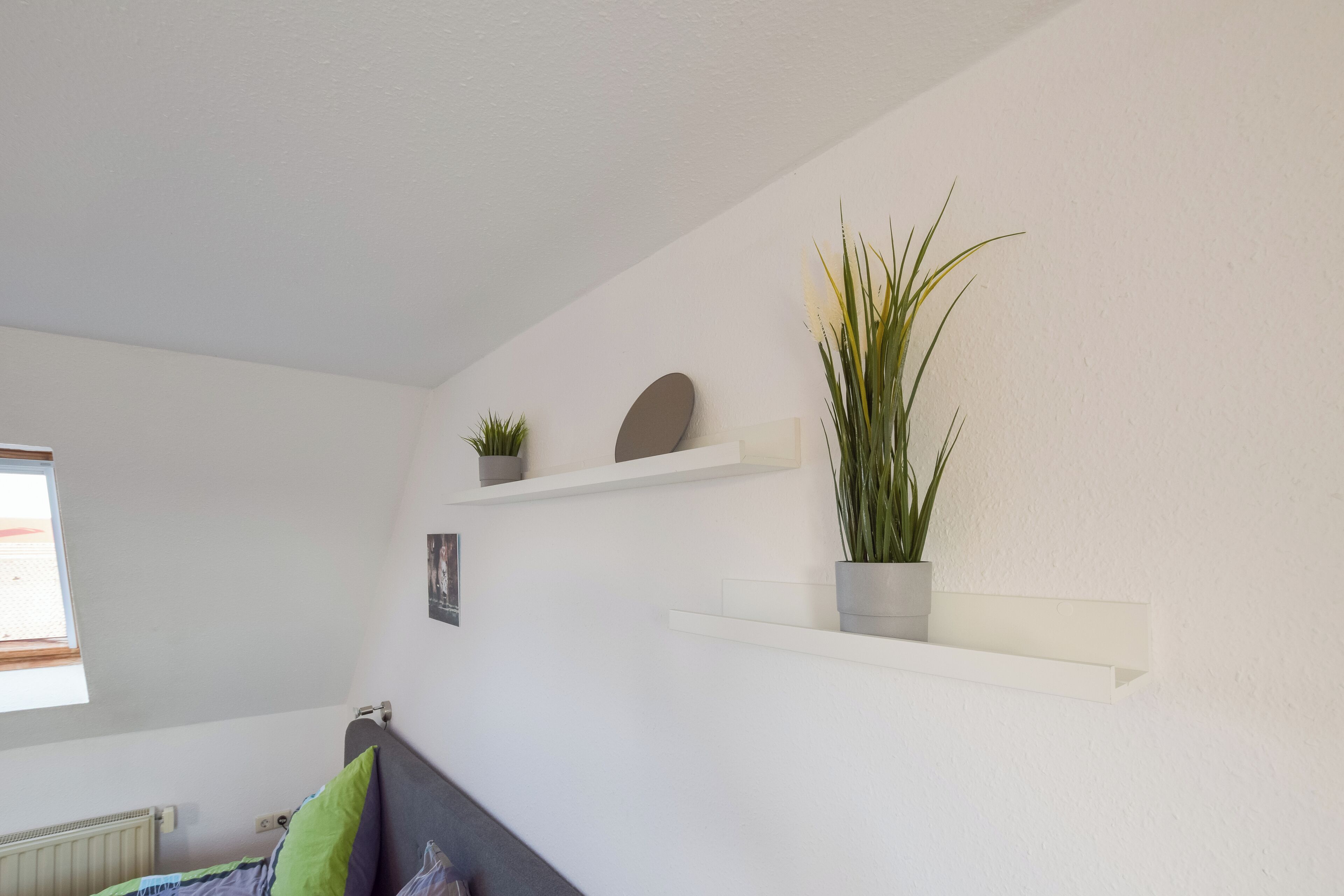 Een kamer met een bed, een radiator, een raam en wandplanken met planten.