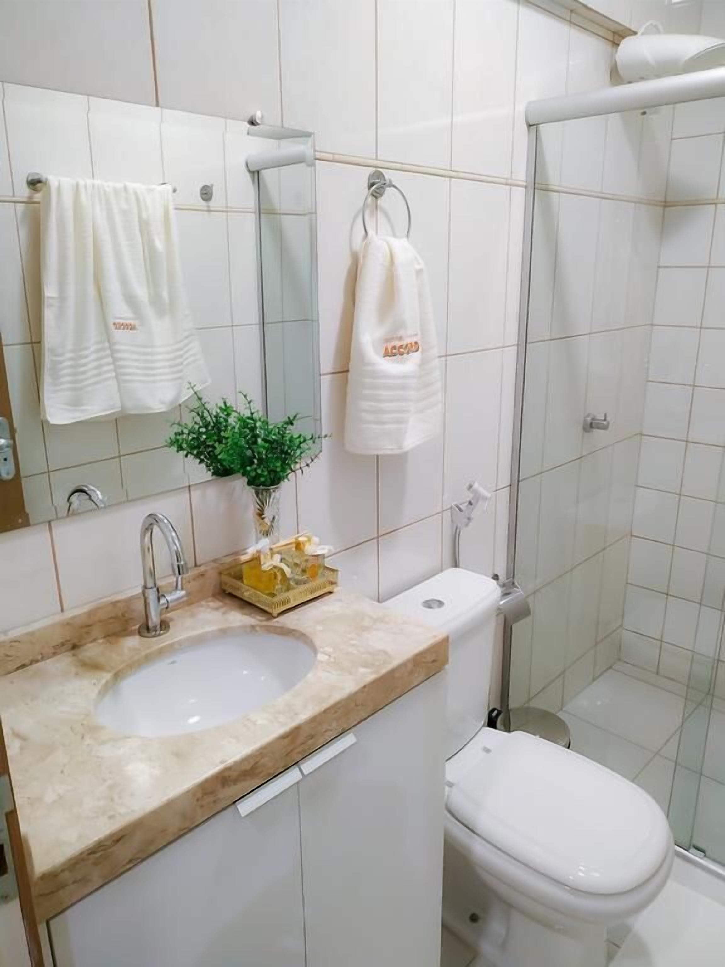 Une salle de bain comprenant un lavabo, un miroir, un porte-serviettes, des toilettes et un espace douche.