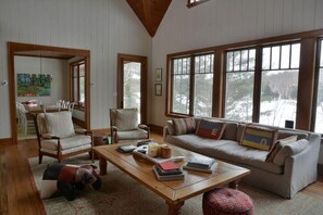 Smart TV, fireplace, books