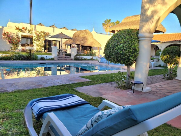 Outdoor pool, pool umbrellas, pool loungers