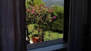 Une fenêtre donnant sur un paysage urbain et un arbre aux fleurs roses.