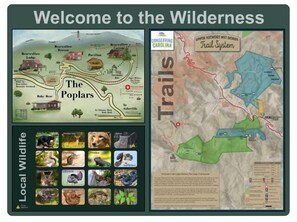 Ein Willkommen-Schild für das Wilderness Trails System, mit Karte und Informationen über die Tierwelt.
