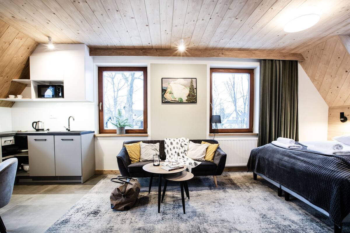 Leilighet – deluxe (Dziupla) | Oppholdsområde | En 43-tommers smart-TV med digitale kanaler samt TV