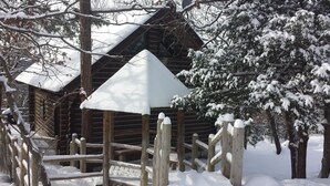Uma cabana de madeira com telhado coberto de neve e cerca de madeira na frente.