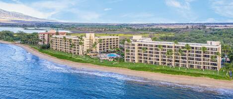 A beachfront hotel with multiple buildings, a swimming pool, and a beach.