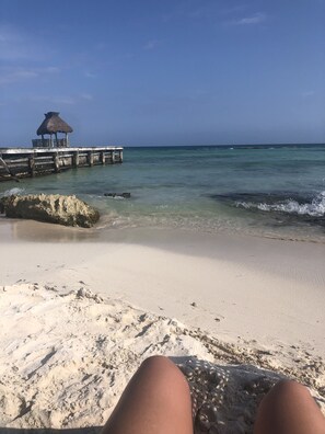 Una playa con un muelle de madera y una estructura con techo de paja.