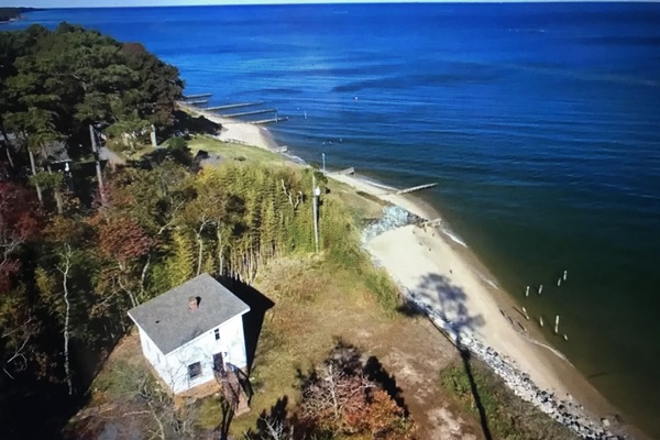 Ariel view, house directly on the Chesapeake Bay.