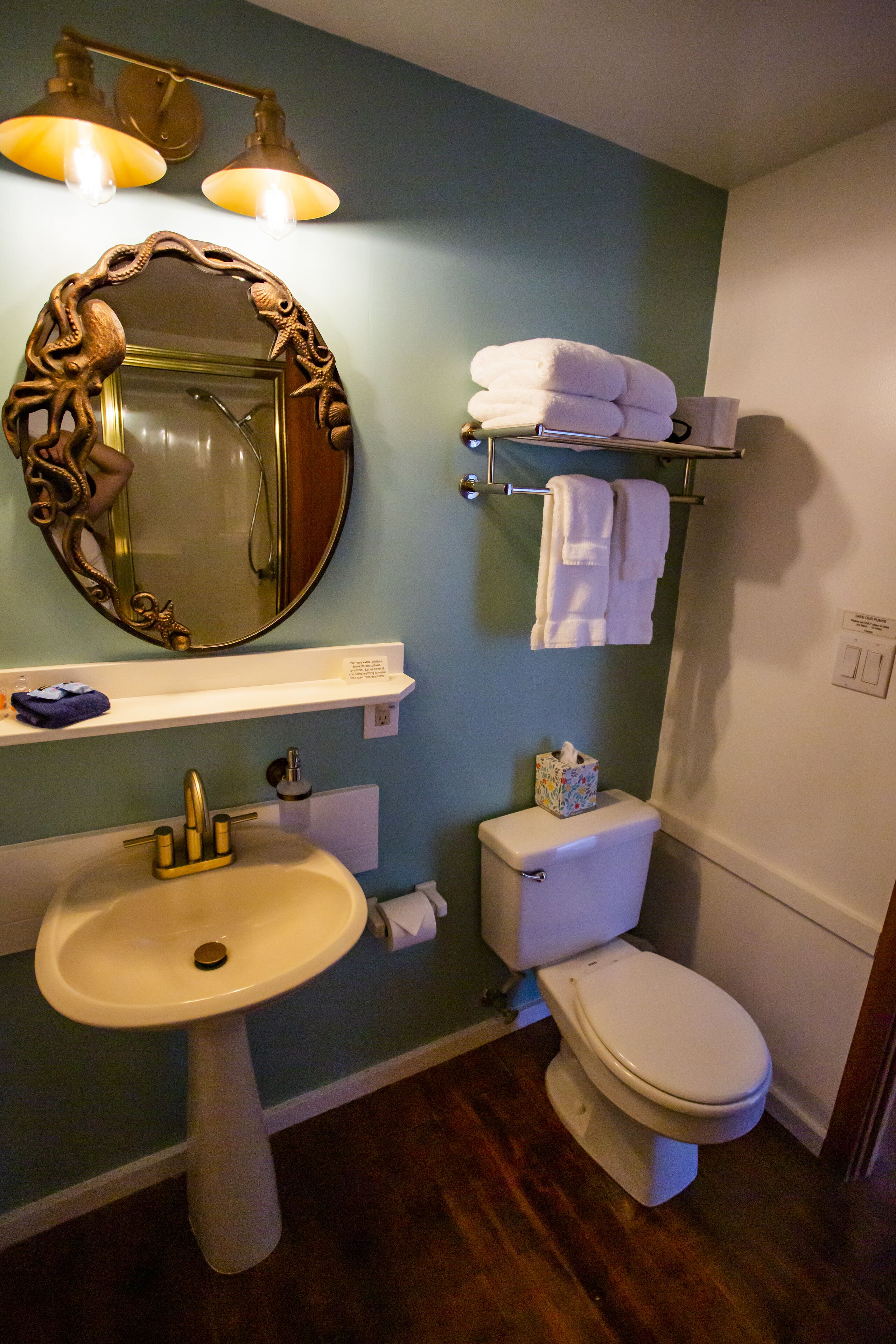 Un baño con lavamanos pedestal, inodoro, toallero y espejo con marco ornamentado.