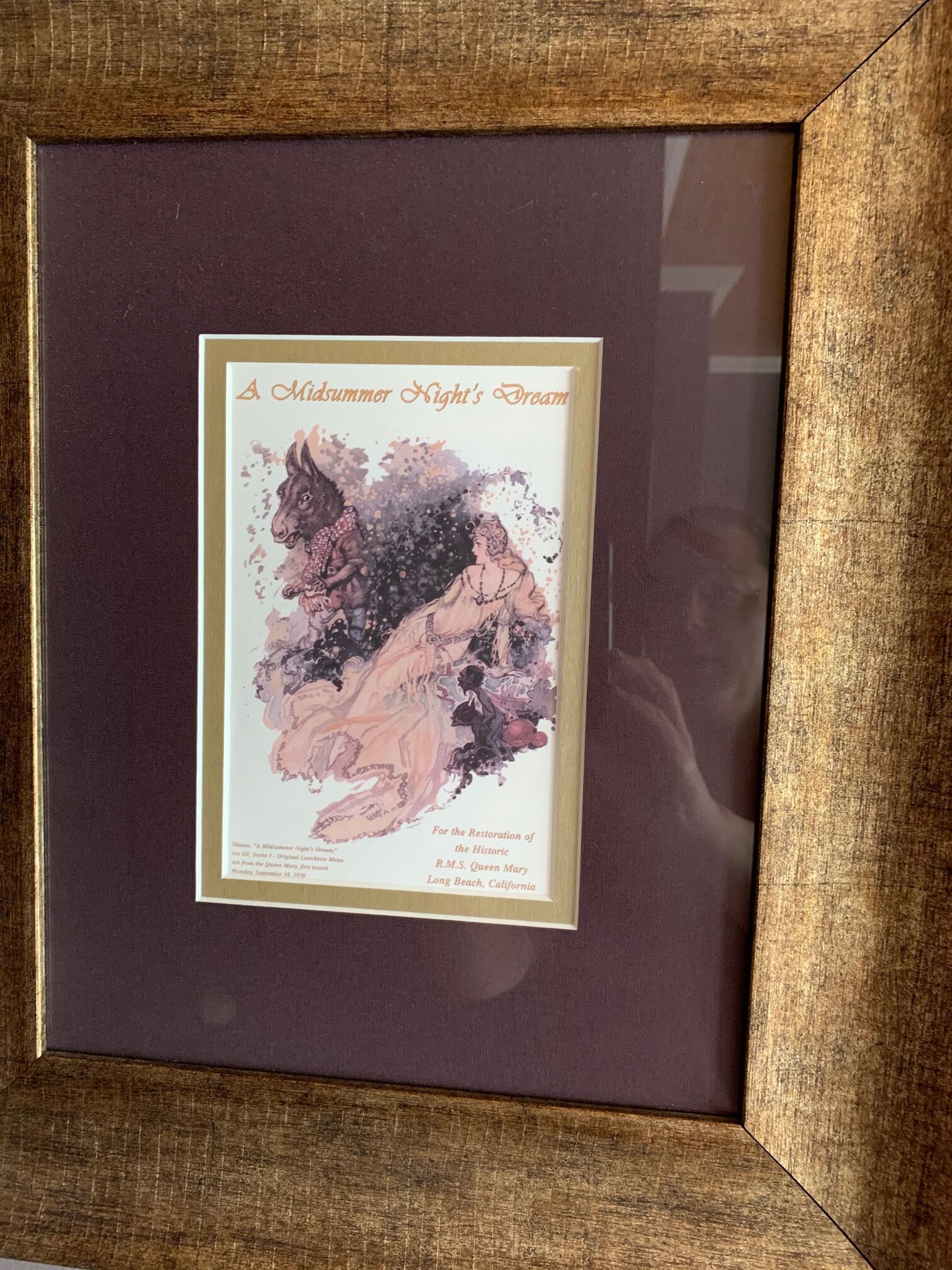 A framed artwork titled 'A Midsummer Night's Dream' with a horse and a woman, signed by the artist and dated September 18, 1959.