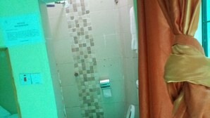 A small bathroom with a toilet, sink, and shower curtain. - Longonot Inn (Mai Mahiu)