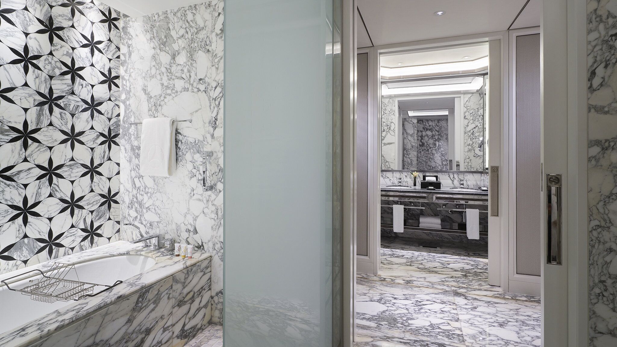 separate bathtub and shower, deep-soaking bathtub, rainfall showerhead