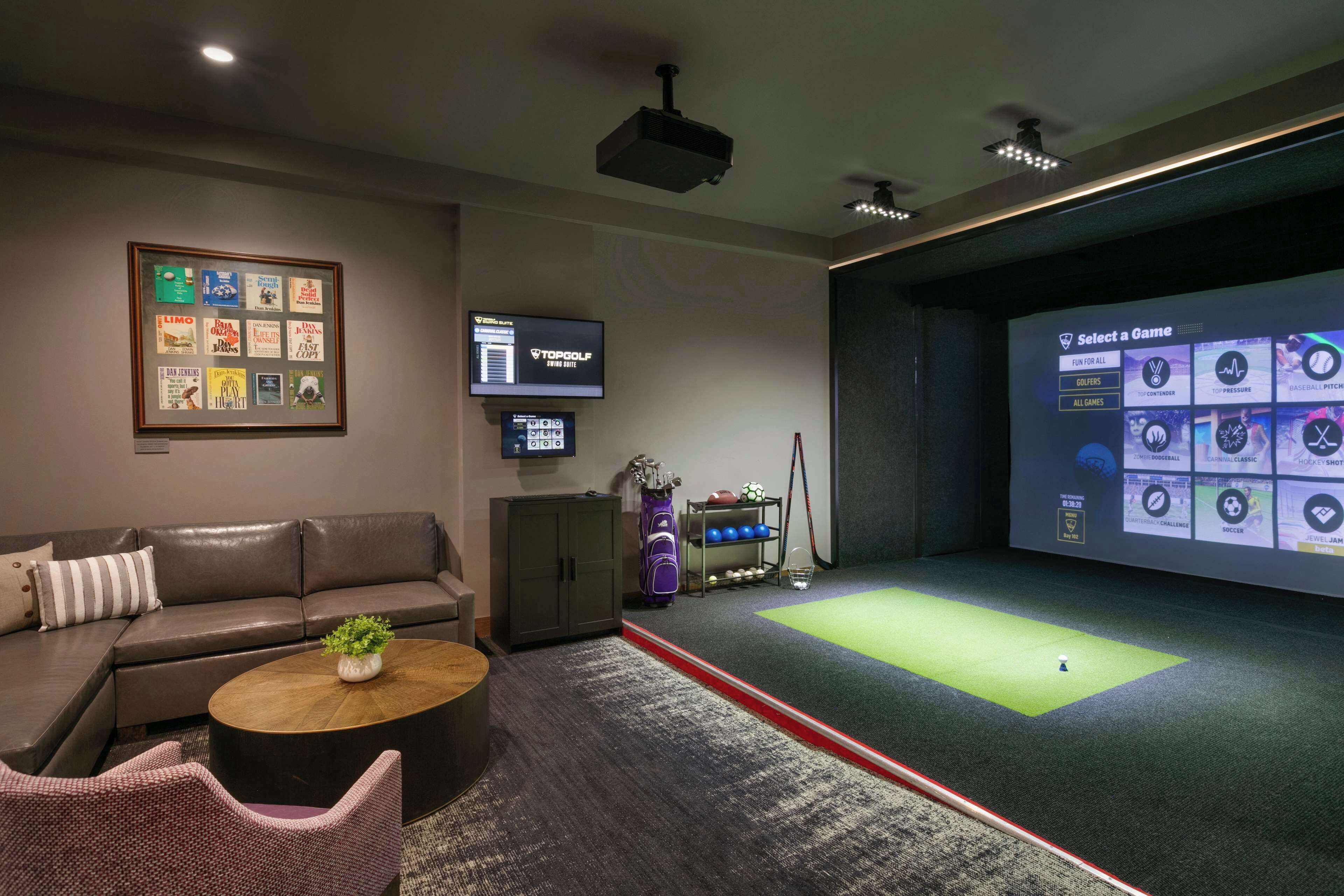 A room with a green carpeted area, a brown leather sofa, a wooden coffee table, a framed picture on the wall, a television, and a projector screen displaying game options.