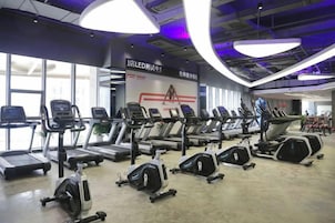 A gym with treadmills, stationary bikes, and elliptical machines.