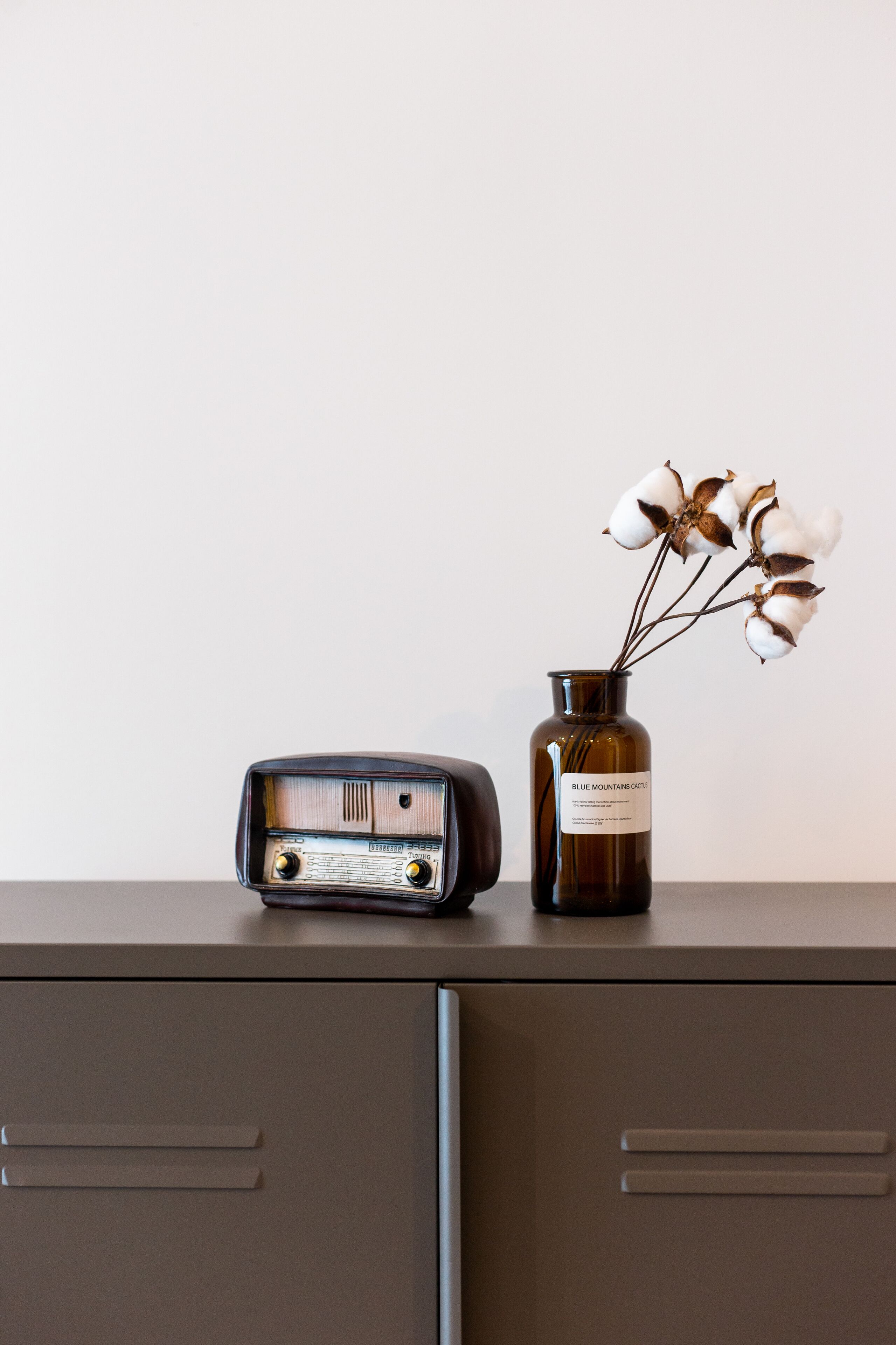A vintage radio and a vase with cotton plants on a cabinet.