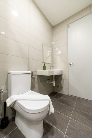 A bathroom with a toilet, sink, and mirror.