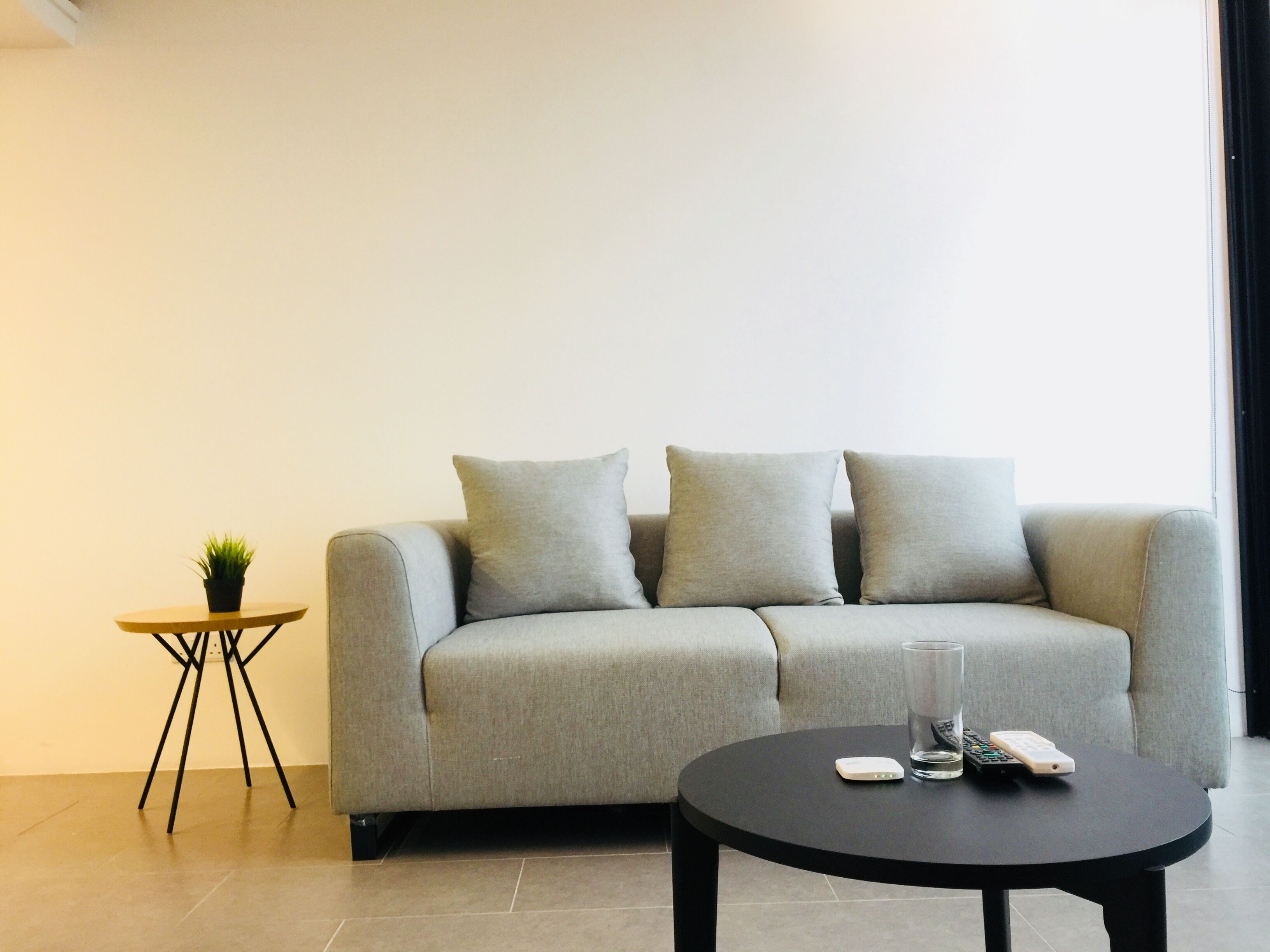 Una sala moderna con un sofá gris, una mesita redonda con una planta y una mesa de centro negra con mandos a distancia y un vaso.