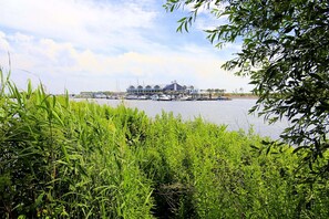A waterfront property with boats docked, surrounded by lush greenery. - Villa Oesterdam Sleeps 8 Persons (Tholen)