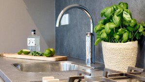 A modern kitchen with a stainless steel sink, a faucet, a cutting board with ingredients, and a potted basil plant. - Terraced Home in Voorthuizen Near Veluwe (Voorthuizen)