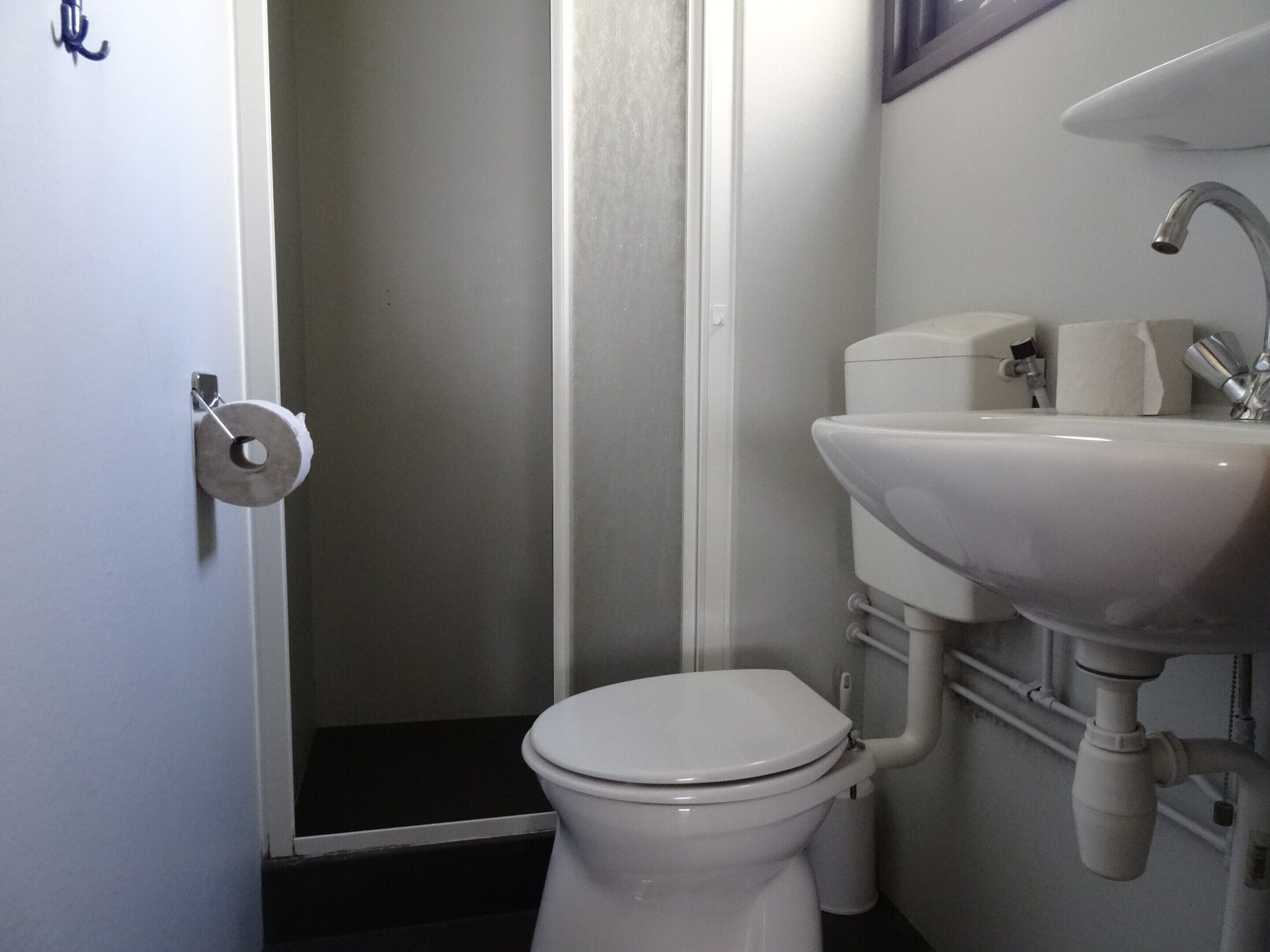 Une petite salle de bain avec des toilettes, un lavabo et une douche.
