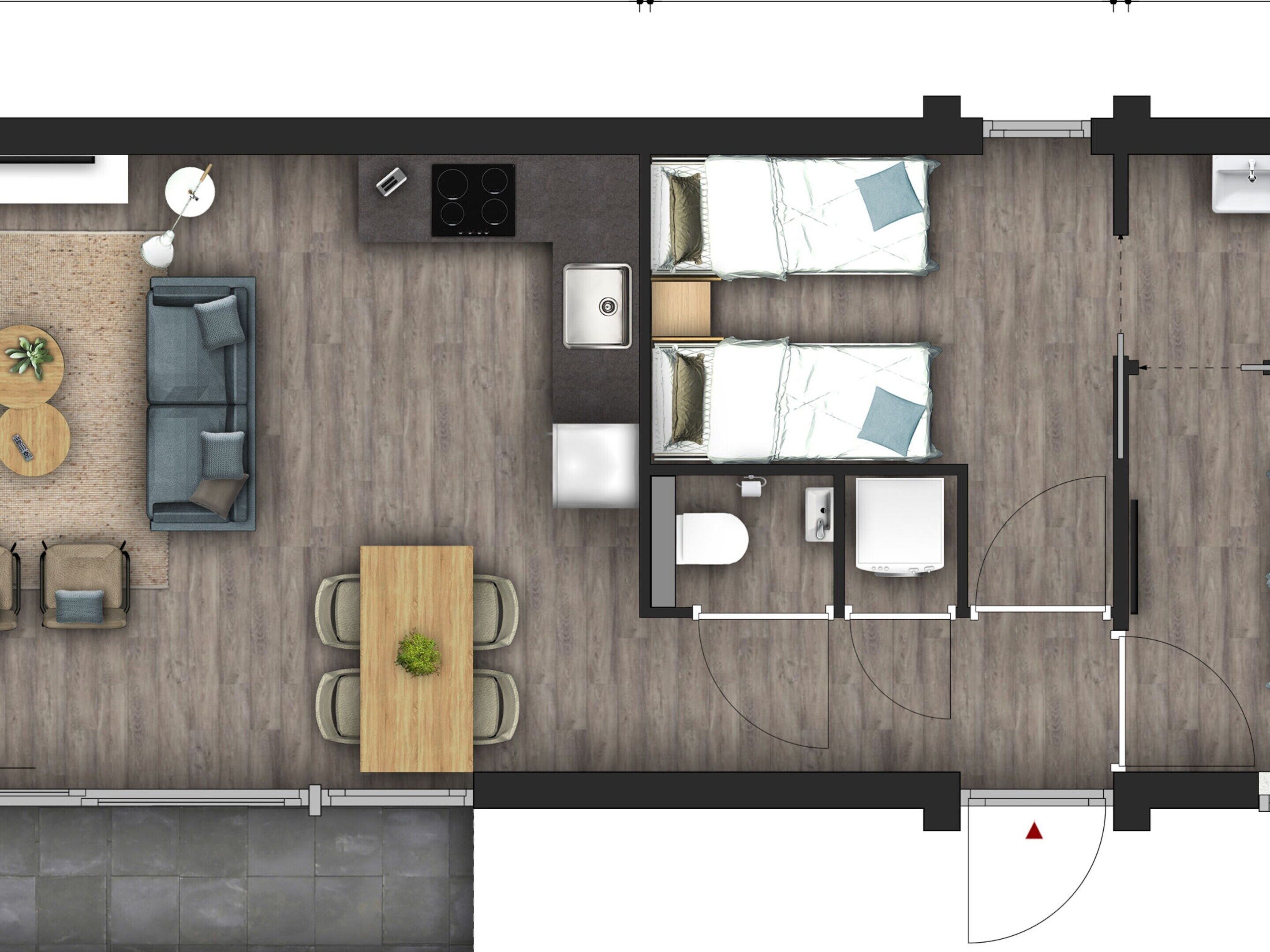 A hotel room layout with a sofa, two beds, a dining table, and a kitchen area.
