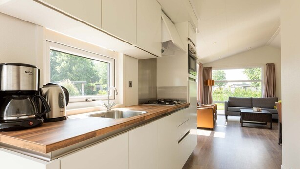A modern kitchen with a wooden countertop, stainless steel appliances, and a view to the living area. - Comfortable Chalet With Dishwasher in Noordwijk (Noordwijk)