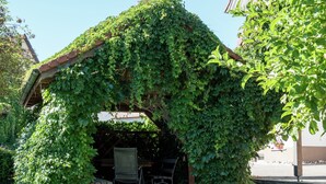 A covered outdoor seating area with a metal chair and a bench, surrounded by lush green ivy. - Gemutliche Wohnung in Schwenningen (Villingen-Schwenningen)