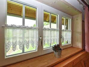 A room with a large window, a potted plant, and a checkered curtain.
