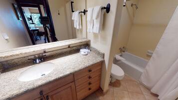 Combined shower/tub, eco-friendly toiletries, hair dryer