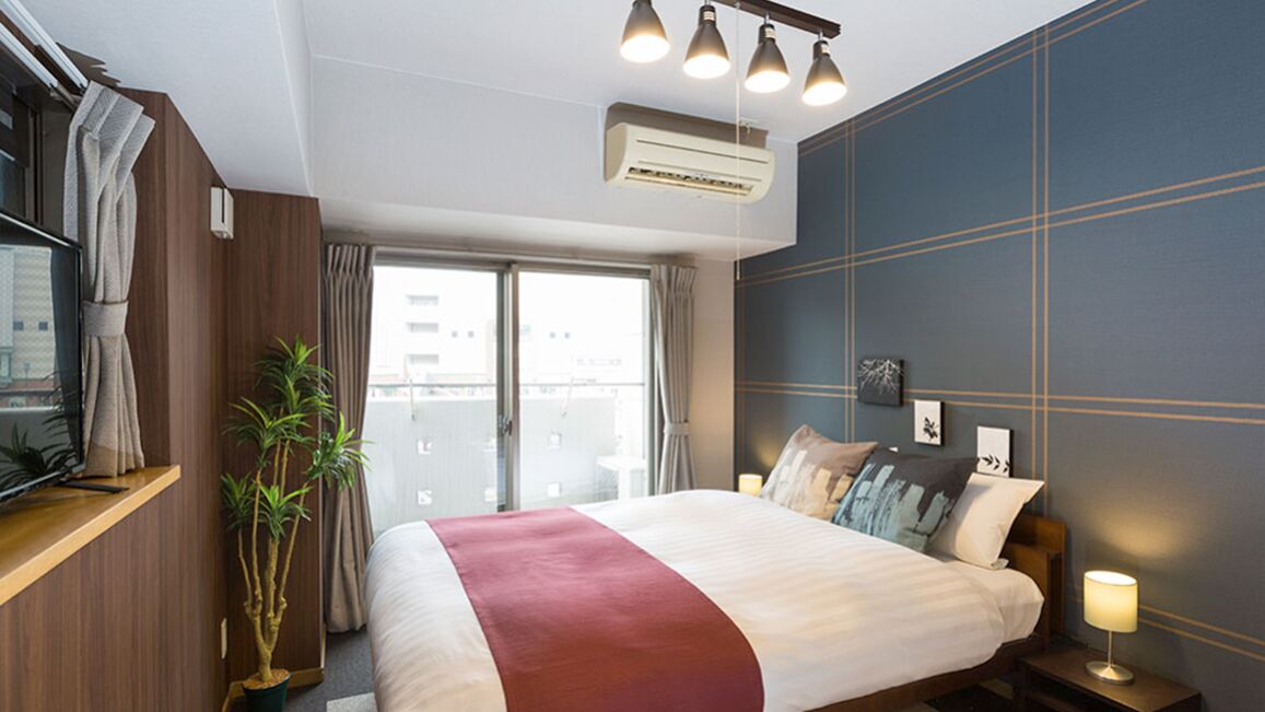 A hotel room with a bed, a TV, a plant, and a window with curtains.