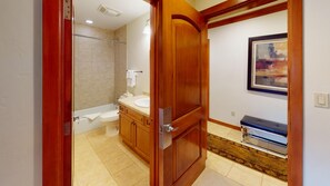 Combined shower/bathtub, hair dryer